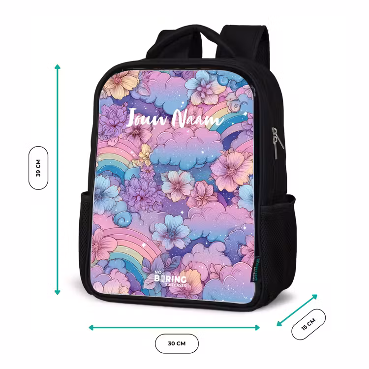 Illustratie van wolken, regenbogen en bloemen Rugzak - Zwart middel -productfoto_formaten