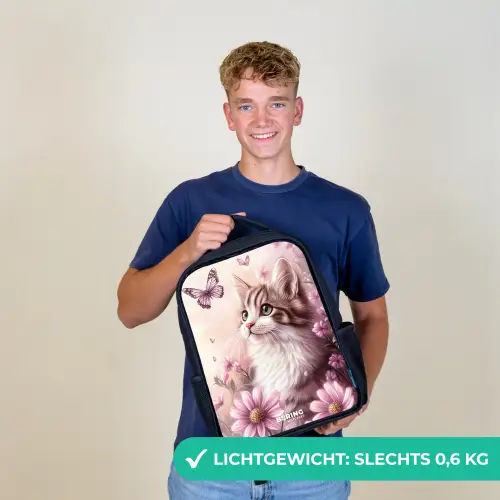Kat - Paars - Vlinders - Bloemen Rugzak - Zwart middel -sfeer7_NL