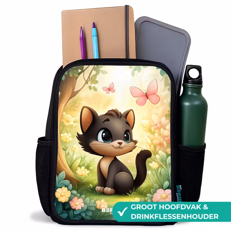 Kat - Vlinder - Bloemen Rugzak - Zwart middel -inhoud_NL