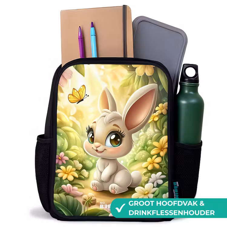 Konijn - Zonlicht - Sprookjesachtig - Vlinder Rugzak - Zwart middel -inhoud_NL