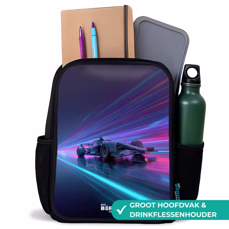 Neon - Raceauto - Lichtstrepen - Paars Rugzak - Zwart middel -inhoud_NL