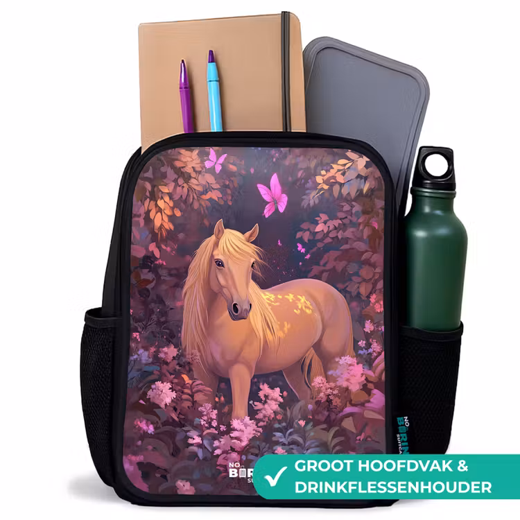 Paard - Bloemen - Paars - Vlinder Rugzak - Zwart middel -inhoud_NL