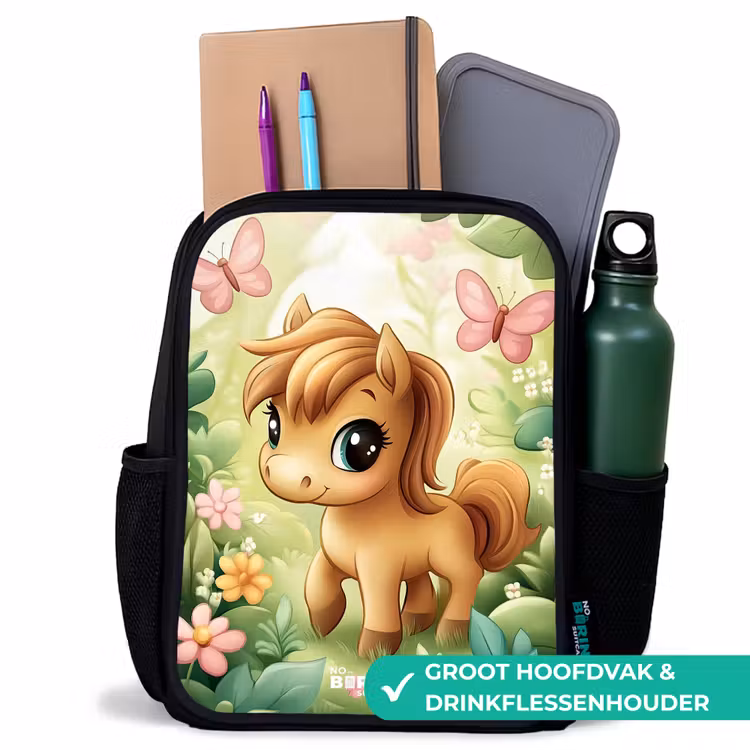 Paard - Bloemen - Vlinders Rugzak - Zwart middel -inhoud_NL