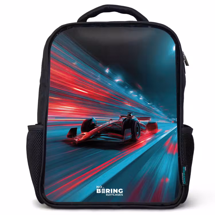 Raceauto - Baan - Neon - Verlichting Rugzak - Zwart middel -3d