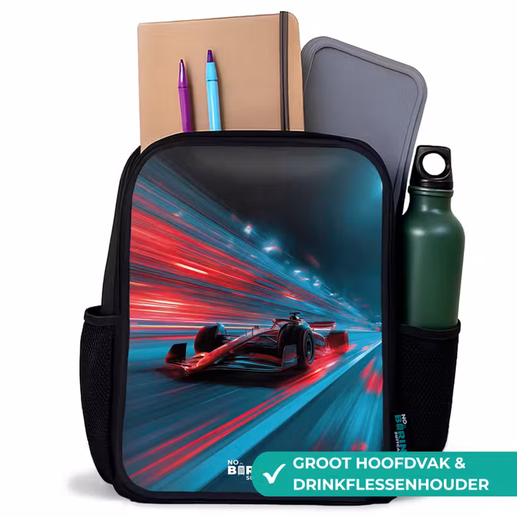 Raceauto - Baan - Neon - Verlichting Rugzak - Zwart middel -inhoud_NL