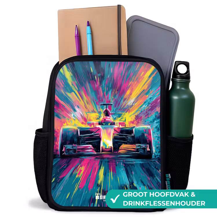 Raceauto - Explosie - Kleurrijk - Abstract Rugzak - Zwart middel -inhoud_NL