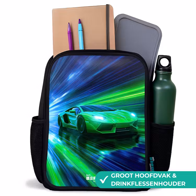 Raceauto - Felgroen - Lichtstralen - Snelheid Rugzak - Zwart middel -inhoud_NL