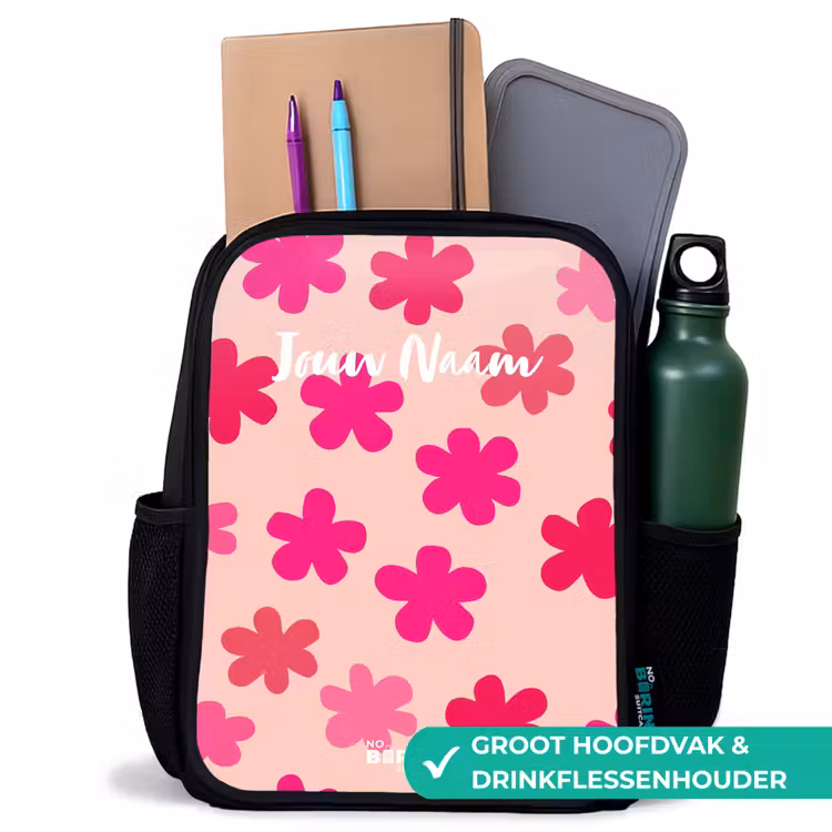 Roze bloemen Rugzak - Zwart middel -inhoud_NL