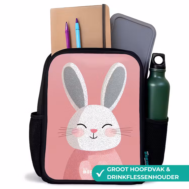 Roze - Konijn - Glimlach - Illustratie Rugzak - Zwart middel -inhoud_NL