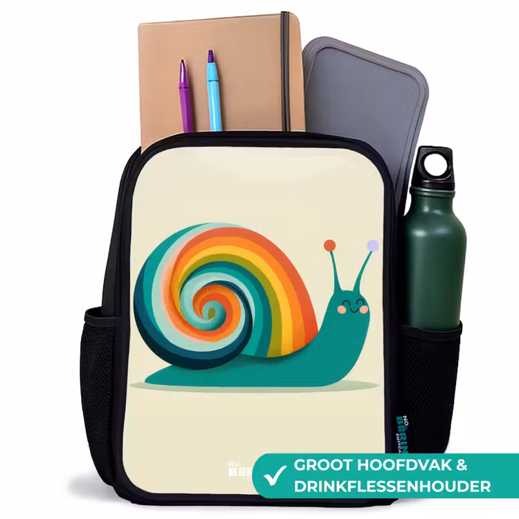 Slak - Regenboog - Kleurrijk Rugzak - Zwart middel -inhoud_NL