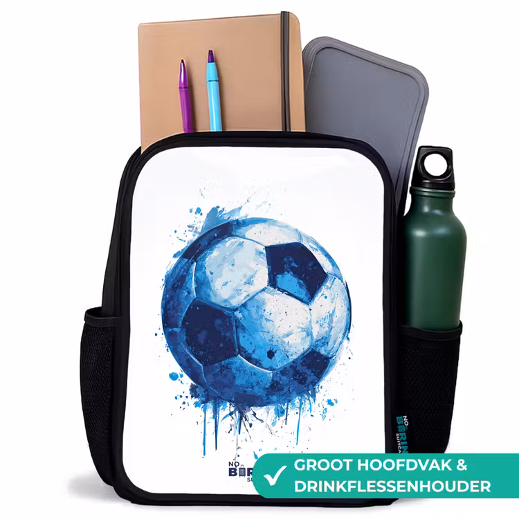Voetbal - Inktspatten - Blauw - Bal Rugzak - Zwart middel -inhoud_NL
