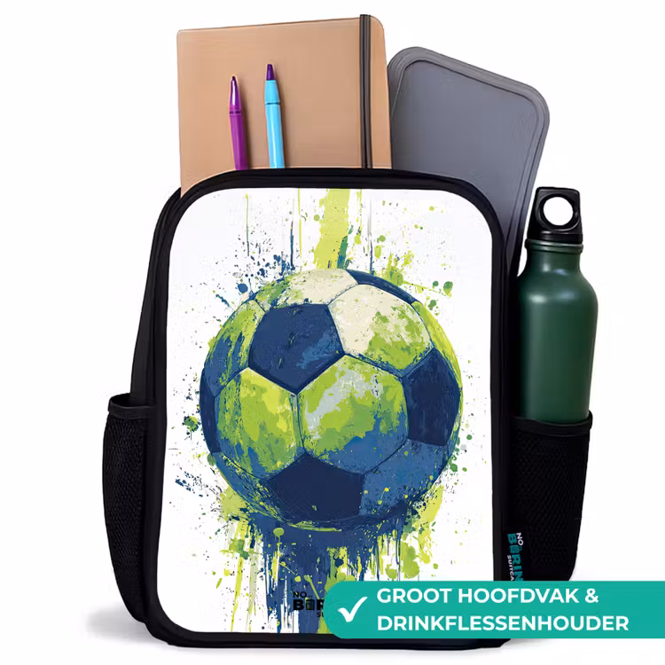 Voetbal - Verf - Groen - Blauw Rugzak - Zwart middel -inhoud_NL