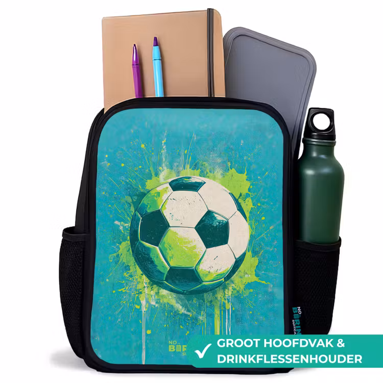 Voetbal - Verfspatten - Groen - Blauw Rugzak - Zwart middel -inhoud_NL