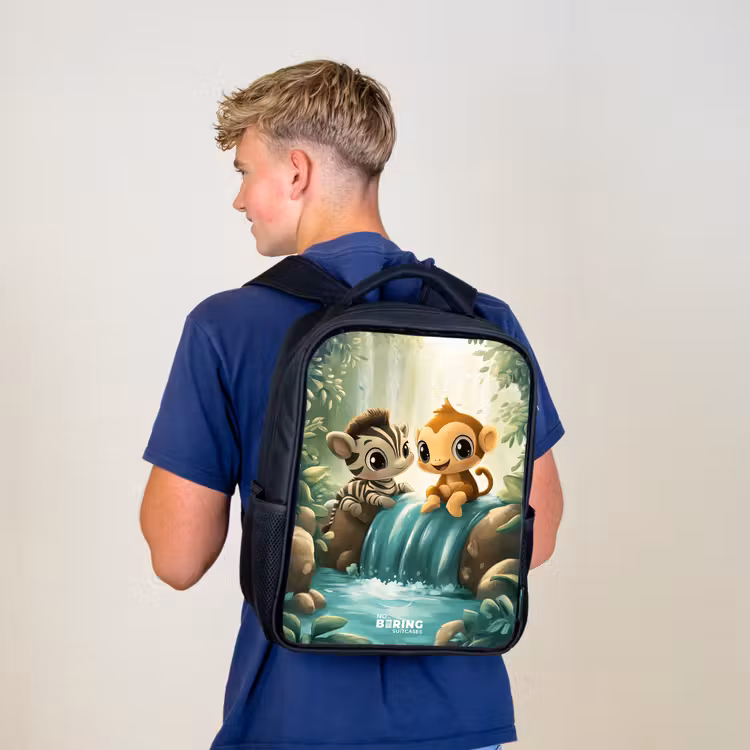 Zebra - Aapje - Waterval - Rotsen Rugzak - Zwart middel -sfeer8