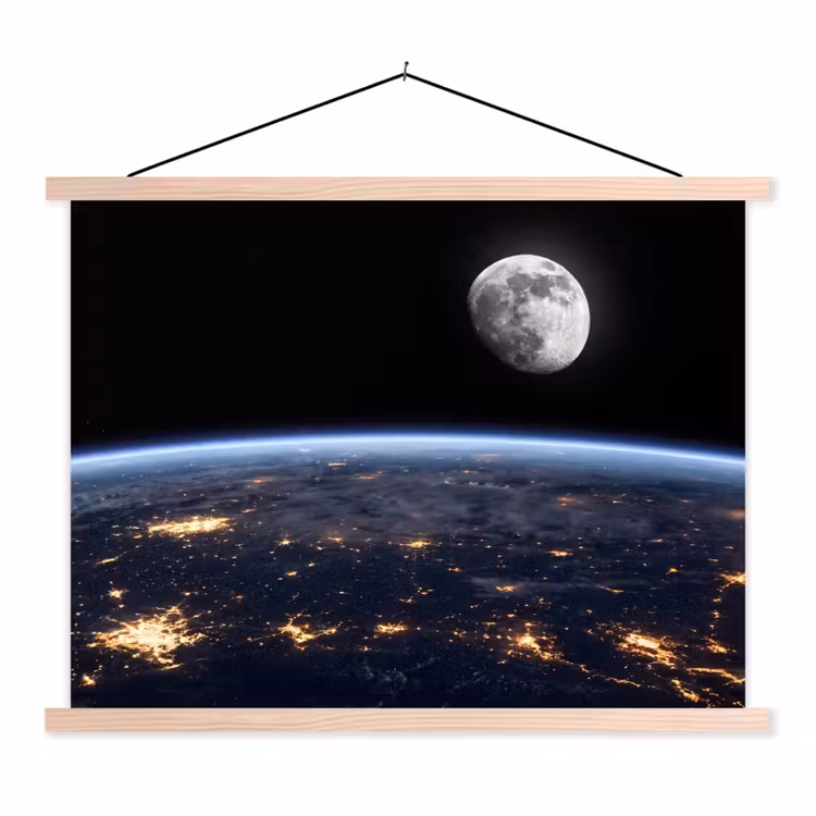 Schoolplaat - Aarde - Nacht - Ruimte - Aarde - Nacht - Ruimte textielposter latten blank klein