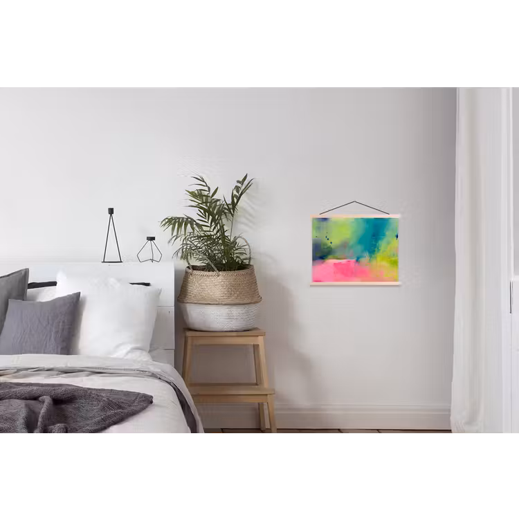 Abstract - Kleuren - Modern - Groen - Roze textielposter latten blank klein -woonkamer