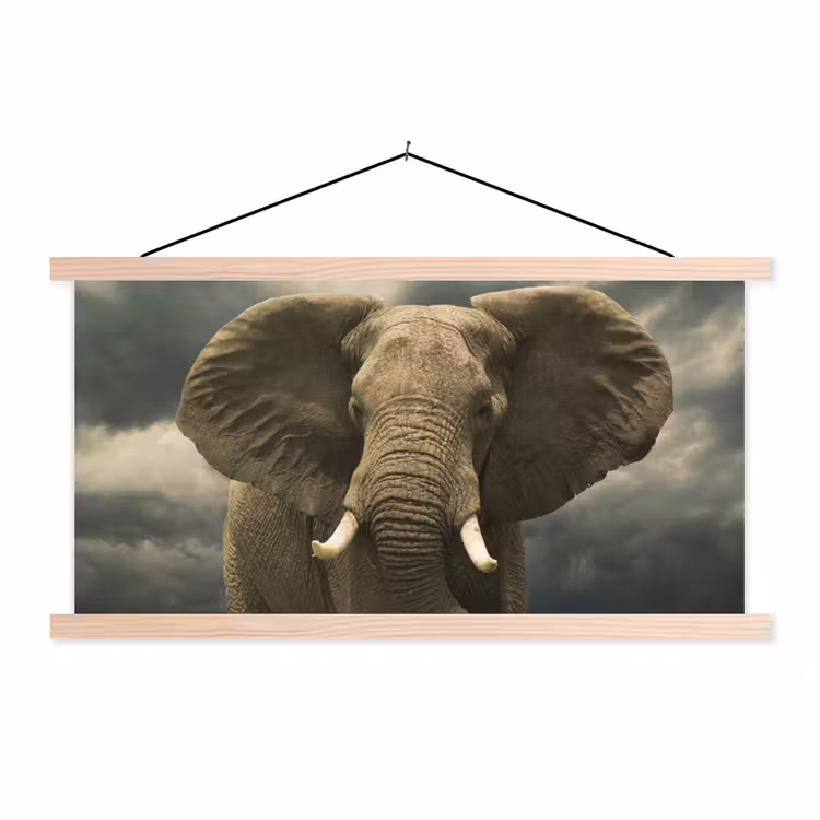 Afrikaanse olifant tegen de donkere wolken textielposter latten blank klein -3d