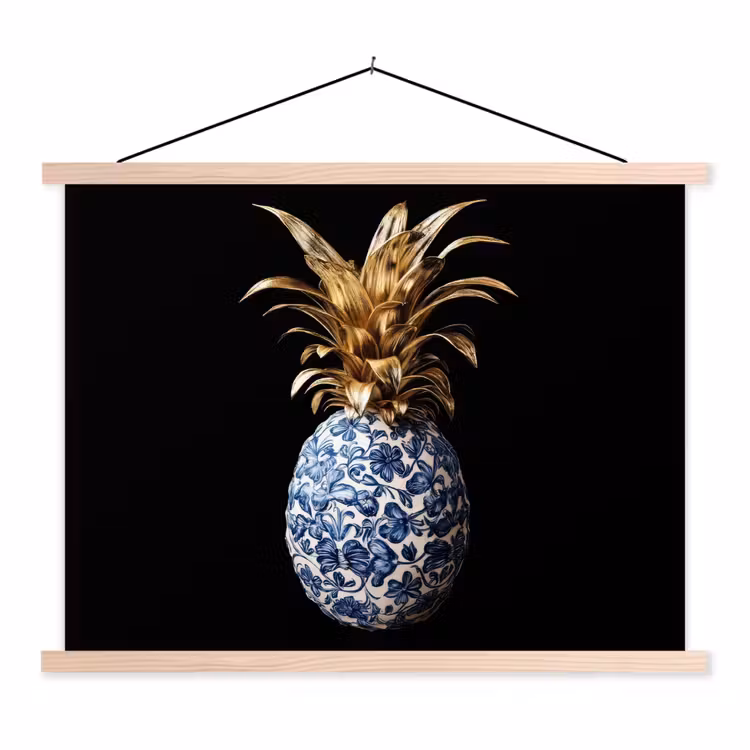 Ananas - Bloemen patroon - Goud - Delftsblauw textielposter latten blank klein -3d