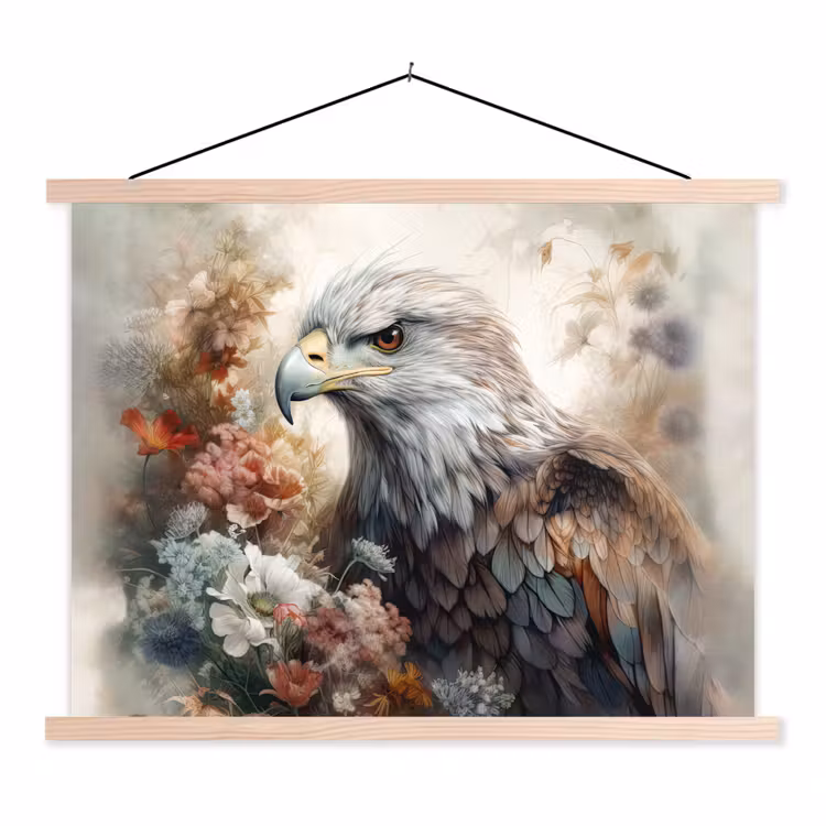 Arend - Adelaar - Vogel - Bloemen - Natuur textielposter latten blank klein -3d
