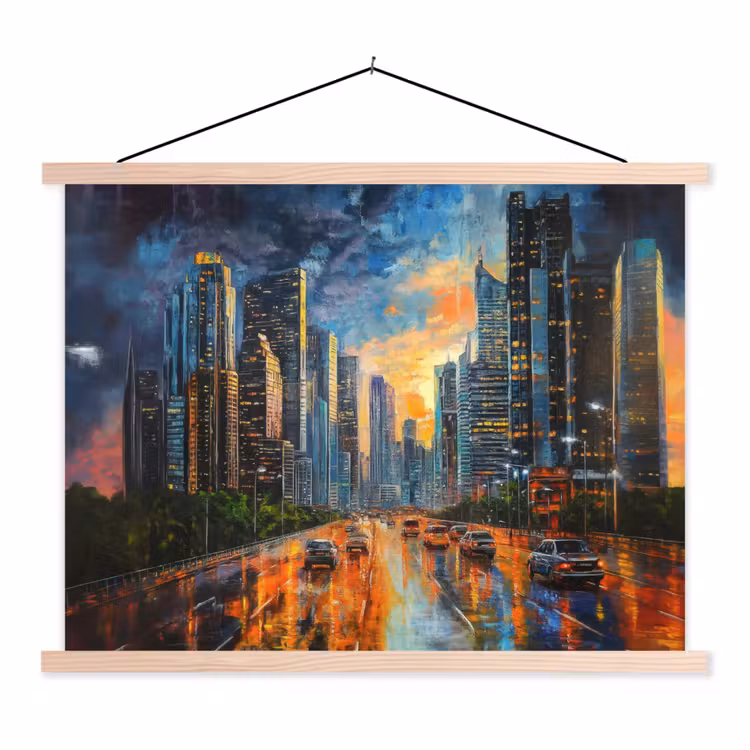 Auto - Skyline - Zon - Blauw textielposter latten blank klein -3d