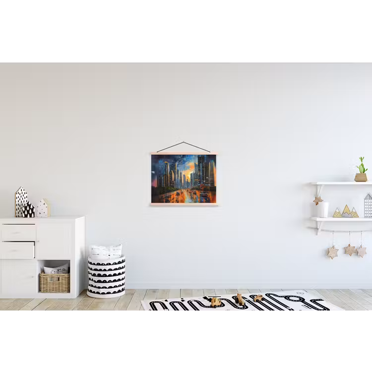 Auto - Skyline - Zon - Blauw textielposter latten blank klein -kinderkamer