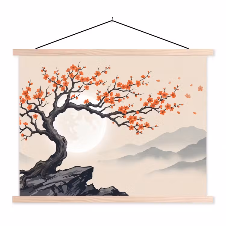 Aziatisch - Bloesem - Rood textielposter latten blank klein -3d