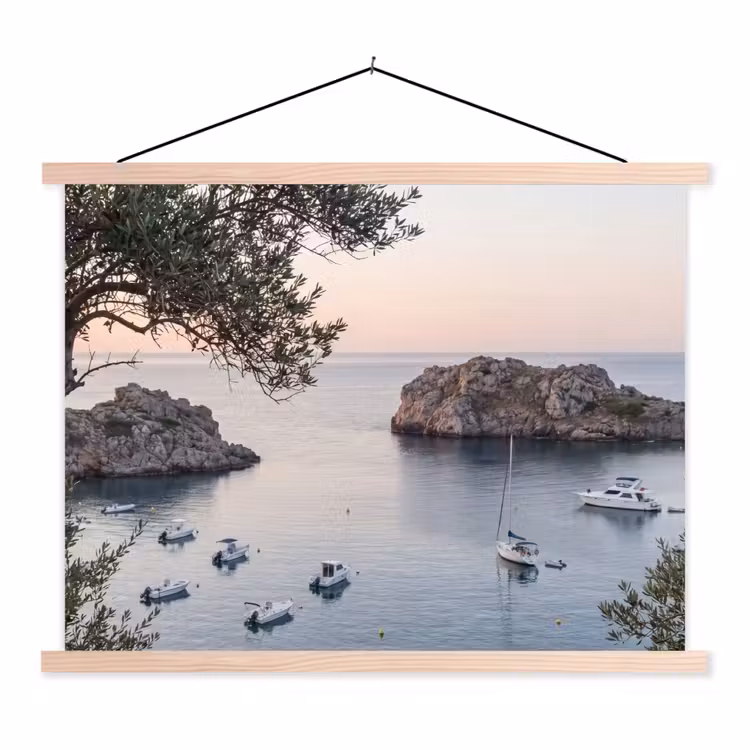 Schoolplaat - Baai - boten - zonsondergang - Baai - boten - zonsondergang textielposter latten blank klein