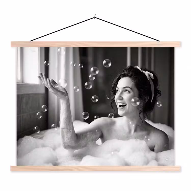 Bad - Bubbels - Zwart - Wit textielposter latten blank klein -3d