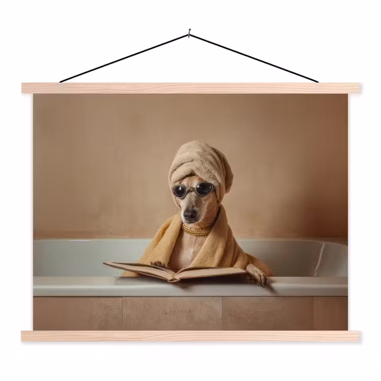 Bad - Hond - Boek - Zonnebril textielposter latten blank klein -3d