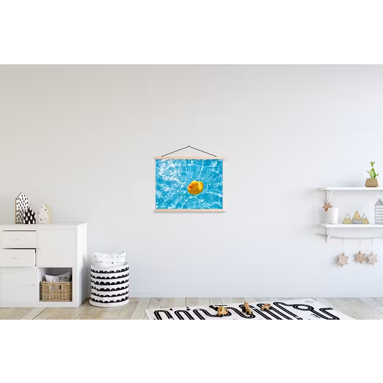 Badeend - Dobberen - Blauw textielposter latten blank klein -kinderkamer