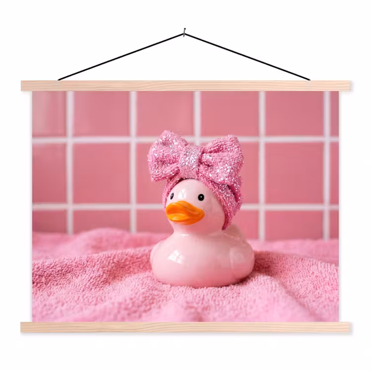 Badeend -Strik - Roze textielposter latten blank klein -3d