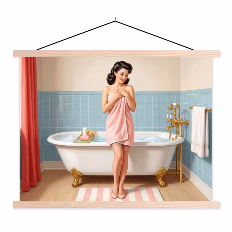 Badkamer - Vrouw - Roze textielposter latten blank klein -3d