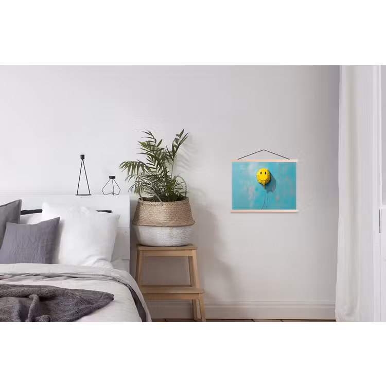 Ballon - Geel - Smiley textielposter latten blank klein -woonkamer