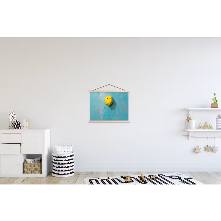 Ballon - Geel - Smiley textielposter latten blank klein -kinderkamer