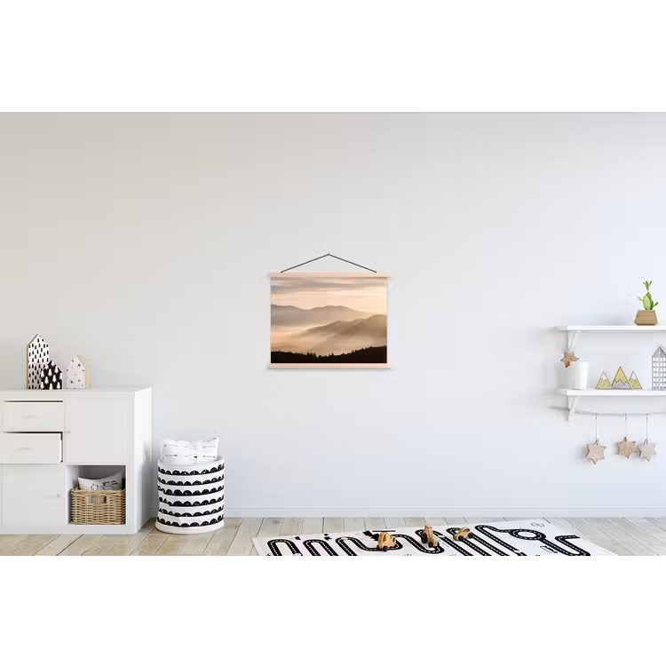 Bergen - Mist - Zonnestralen textielposter latten blank klein -kinderkamer