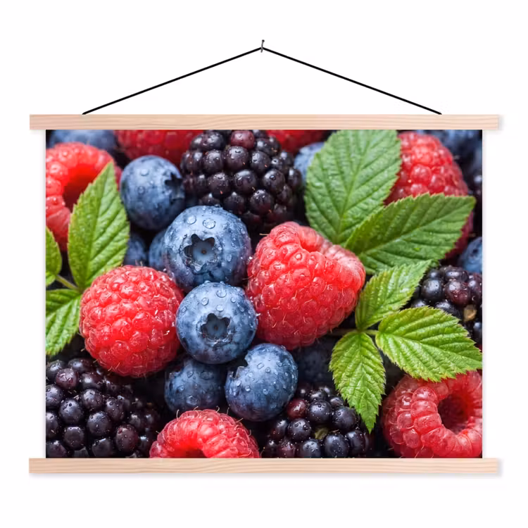 Bessen - Vers - Waterdruppels - Kleurrijk - Eten textielposter latten blank klein -3d