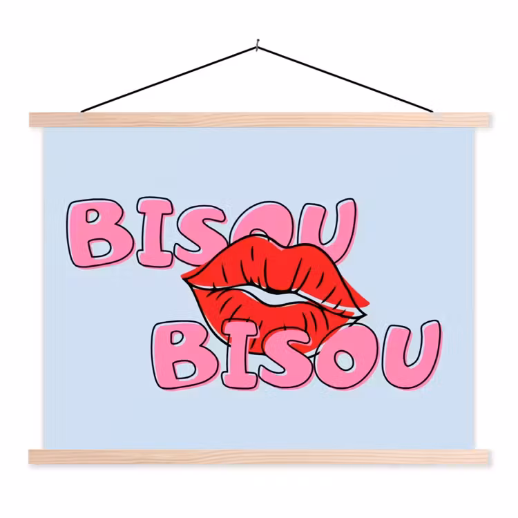 Bisou - Blauw - Roze - Lippen textielposter latten blank klein -3d