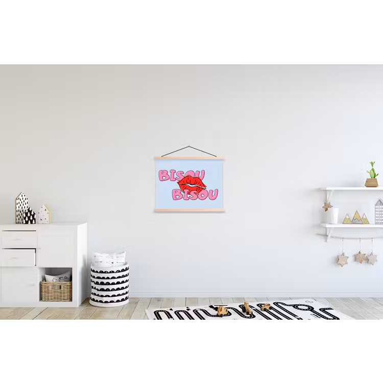 Bisou - Blauw - Roze - Lippen textielposter latten blank klein -kinderkamer