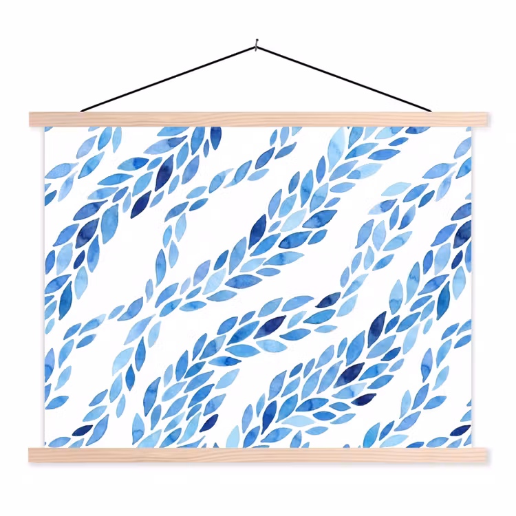 Bladeren - Aquarel - Patroon - Modern - Blauw textielposter latten blank klein -3d