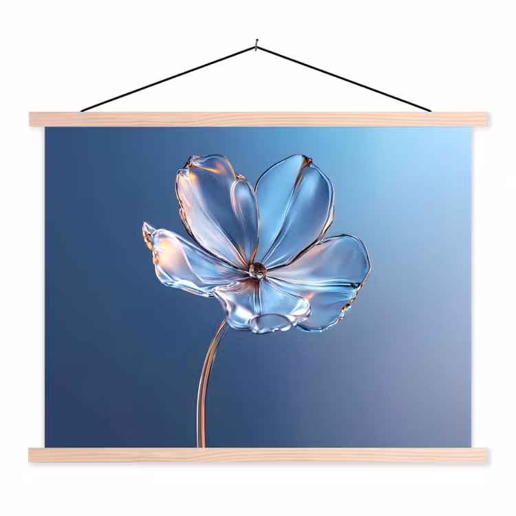 Blauw - Bloem - Glazen - Sierlijk textielposter latten blank klein -3d