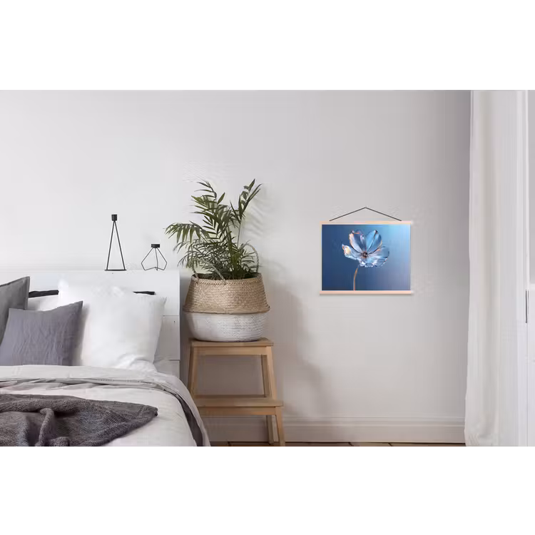 Blauw - Bloem - Glazen - Sierlijk textielposter latten blank klein -woonkamer