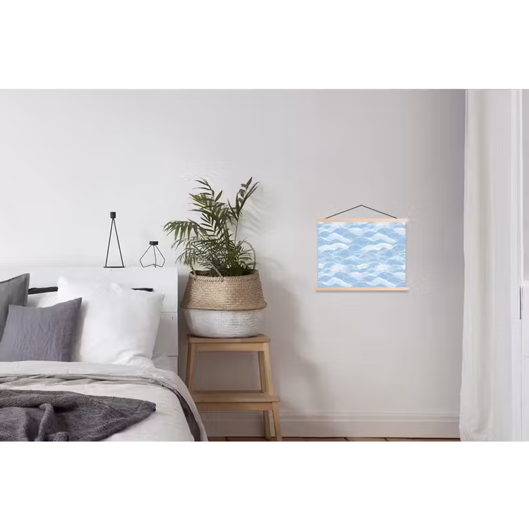 Blauw - Wit - Golven - Getekend textielposter latten blank klein 122 -woonkamer