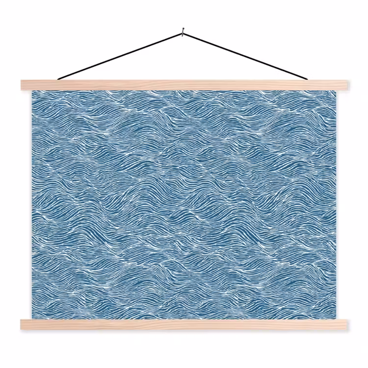 Blauw - Wit - Golven - Getekend - Textuur textielposter latten blank klein 122 -3d