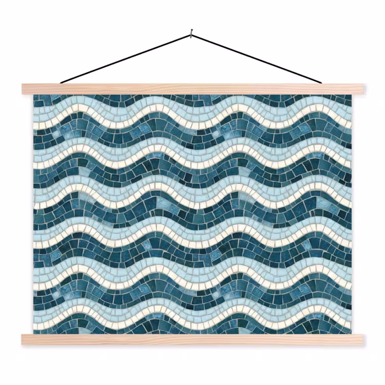 Blauw - Wit - Mozaïek - Golvend textielposter latten blank klein 122 -3d