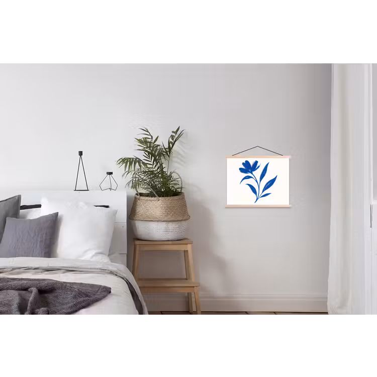 Bloem - Blaadjes - Minimalistisch - Blauw textielposter latten blank klein -woonkamer