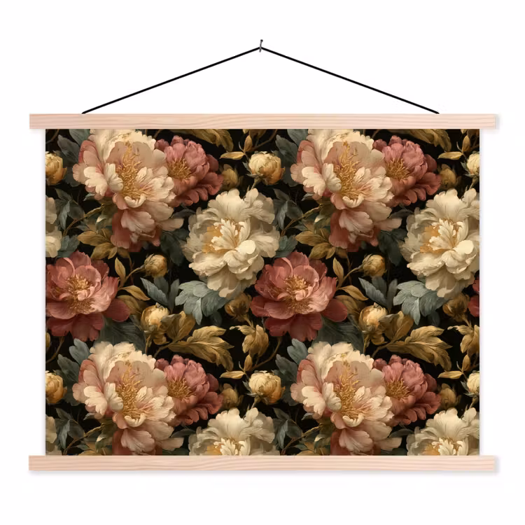 Bloemen - Barok - Patroon - Roze - Crème textielposter latten blank klein 122 -3d