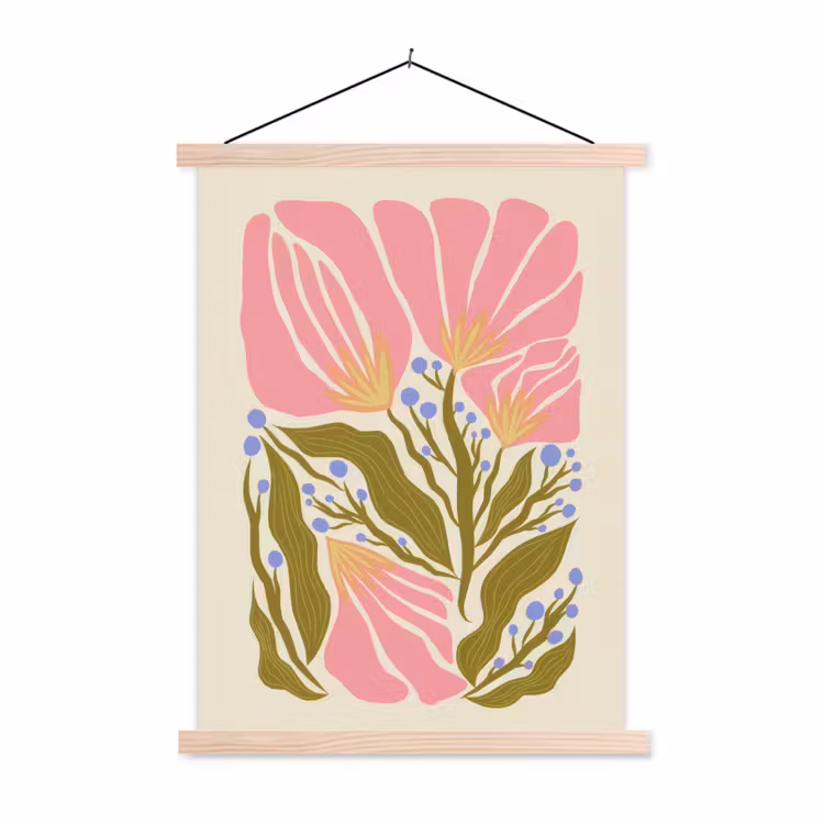 Bloemen - Bladeren - Abstract - Roze textielposter latten blank klein -3d