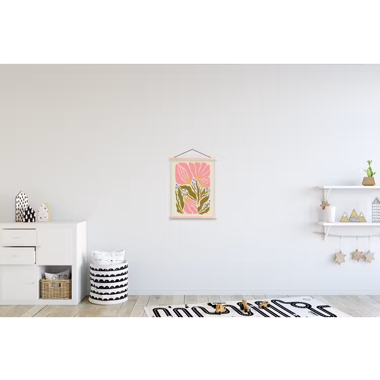 Bloemen - Bladeren - Abstract - Roze textielposter latten blank klein -kinderkamer