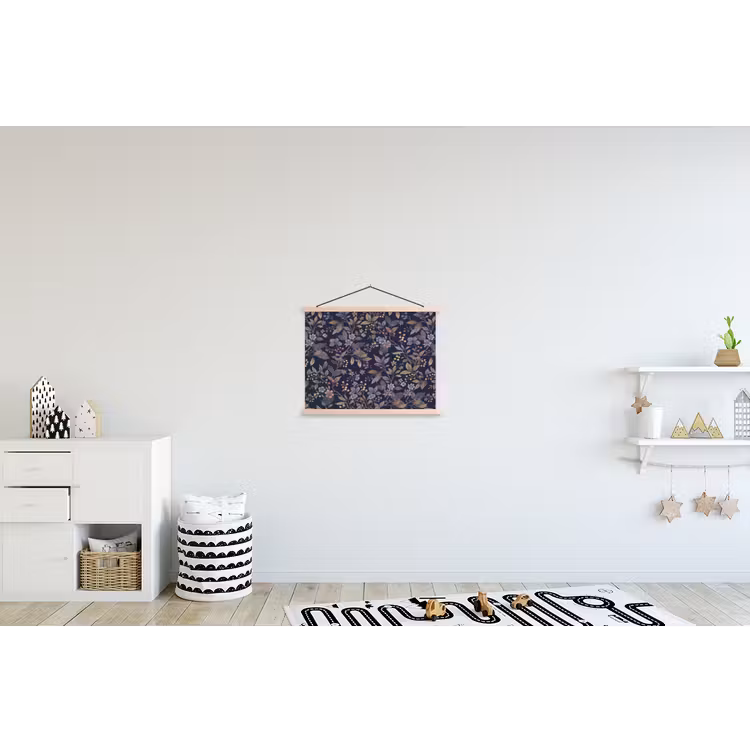 Bloemen - Bladeren - Patroon - Botanisch - Donkerblauw textielposter latten blank klein -kinderkamer