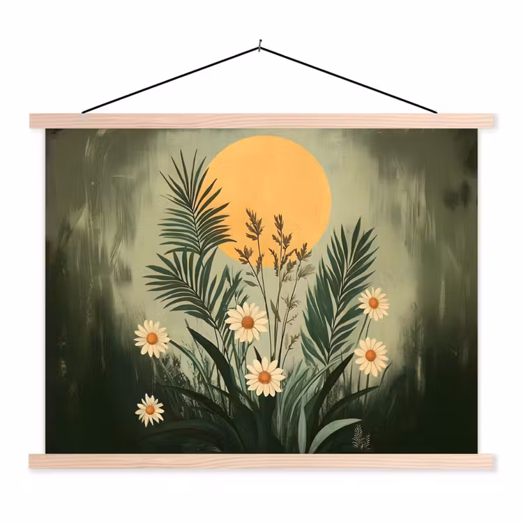 Bloemen - Bladeren - Zon - Groen textielposter latten blank klein -3d